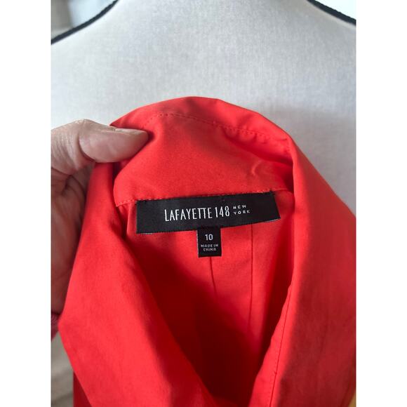 Lafayette 148 Orange Red Pin Tuck Pleat 3/4 Sleeve Collared Button Down Blouse - Picture 5 of 6